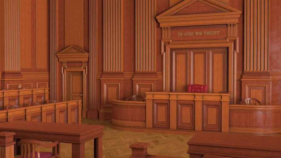 An empty courtroom symbolizing the prolonged wait for justice.