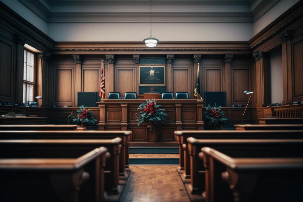 Empty courtroom symbolizing the delays and legal loopholes affecting felony murder cases in Georgia.